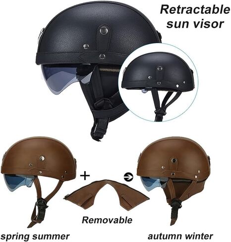 Vintage German Leather Motorcycle Half Helmet, DOT Approved Adult Men Women Half Face Motorcycle Helmets, with Goggles and Visor, for Bicycle Cruiser Scooter Chopper(Brown,M(57~58cm)) in Saudi Arabia