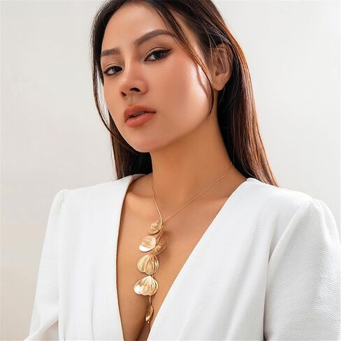 Dreuyet Metal Statement Flower Necklace for Women Elegant Ginkgo Leaf Tassel Necklace Bohemian Handmade Floral Y Shape Lariat Necklace Romantic Gifts in Saudi Arabia