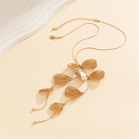 Dreuyet Metal Statement Flower Necklace for Women Elegant Ginkgo Leaf Tassel Necklace Bohemian Handmade Floral Y Shape Lariat Necklace Romantic Gifts in Saudi Arabia