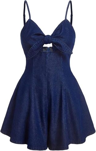 OYOANGLE Women's Vintage Bowknot Spaghetti Strap Denim Romper Sleeveless Wide Leg Jean Short Jumpsuits in Saudi Arabia