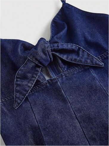 OYOANGLE Women's Vintage Bowknot Spaghetti Strap Denim Romper Sleeveless Wide Leg Jean Short Jumpsuits in Saudi Arabia