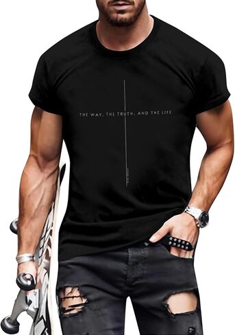 Christian Shirt Mens:The Way The Truth The Life Letter Printed Tshirt Jesus Faith Crew Neck Short Sleeve Top in Kuwait