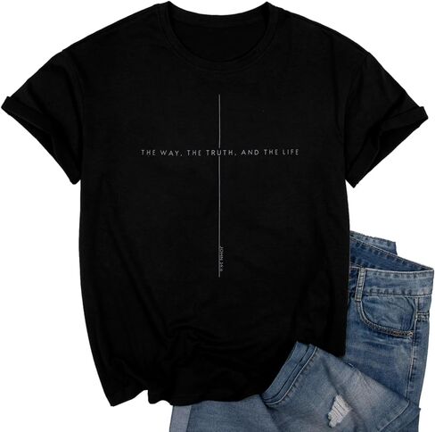 Christian Shirt Mens:The Way The Truth The Life Letter Printed Tshirt Jesus Faith Crew Neck Short Sleeve Top in Kuwait