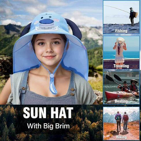Kids Sun Hat مع المعجبين بالطاقة الشمسية ، قبعات شاطئية عريضة Boy Boy Boy Beach UPF50+ حماية من أشعة الشمس للأطفال المشي لمسافات طويلة والتخييم in Kuwait