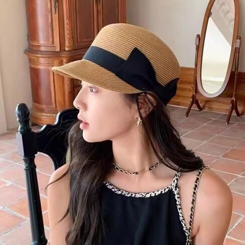 Straw Baseball Cap with Bow, Summer Sun Protection Hat, Beach Equestrian Style, Available in Beige and Black in Saudi Arabia