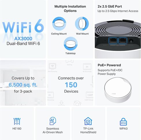 TP-Link Deco AX3000 Poe Mesh WiFi (DECO X50-POE) ، شبكة WIFI 6 سقف/جدار ، لاستبدال جهاز توجيه WiFi ، نقطة الوصول ومدى الموسع ، منافذ POE ، 2 منافذ POE (1 × 2.5G ، 1 X Gigabit ) ، 1 حزمة in Kuwait