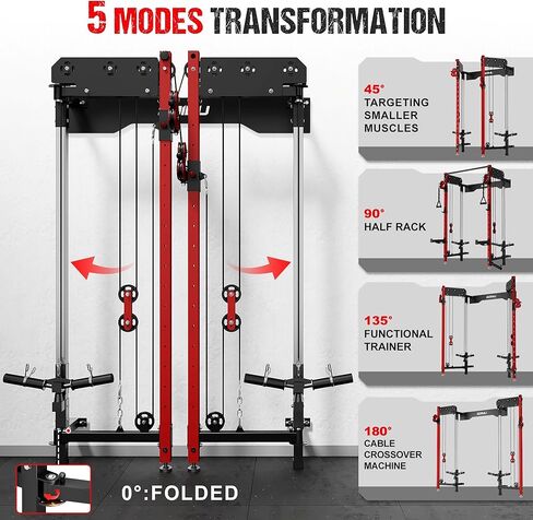 WM3-V4 Folding Squat Rack, Wall Mounted Power Rack with Dual Independent Pulley System, Functional Trainer with 5 Adjustable Function Modes for Space Saving Home Gym in Kuwait