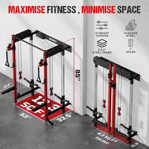 WM3-V4 Folding Squat Rack, Wall Mounted Power Rack with Dual Independent Pulley System, Functional Trainer with 5 Adjustable Function Modes for Space Saving Home Gym in Kuwait