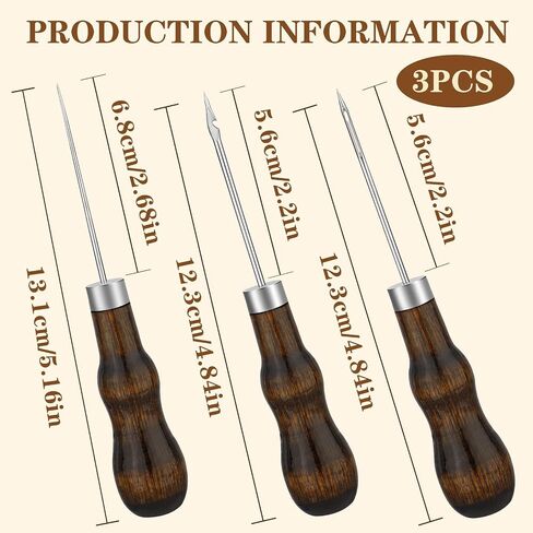 Zxiixz 3 Pack Leather Scratch Awl Tool ، AWL Tool Selecting with Dudd Wooden Handle Fork For Titching Enching Sewing ، Scratch AWL Supplies for Diy Leather Sewing Craft Repair in Kuwait