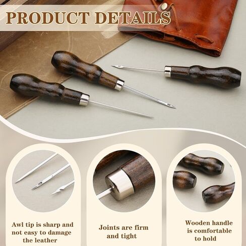 Zxiixz 3 Pack Leather Scratch Awl Tool ، AWL Tool Selecting with Dudd Wooden Handle Fork For Titching Enching Sewing ، Scratch AWL Supplies for Diy Leather Sewing Craft Repair in Kuwait