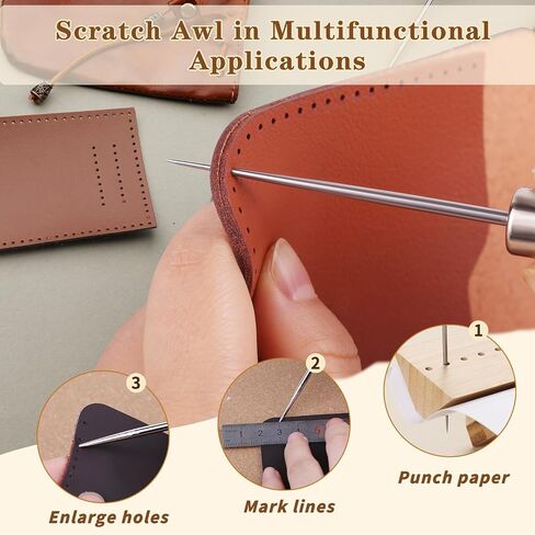 Zxiixz 3 Pack Leather Scratch Awl Tool ، AWL Tool Selecting with Dudd Wooden Handle Fork For Titching Enching Sewing ، Scratch AWL Supplies for Diy Leather Sewing Craft Repair in Kuwait