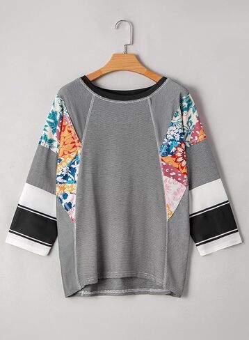 تقييم 3/4 طول الأكمام من القمم النسائية العصرية 2025 ربيع الصيف الرقبة الرقبة كبيرة الحجم مخطط قمصان بلوز in Kuwait