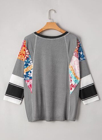 تقييم 3/4 طول الأكمام من القمم النسائية العصرية 2025 ربيع الصيف الرقبة الرقبة كبيرة الحجم مخطط قمصان بلوز in Kuwait