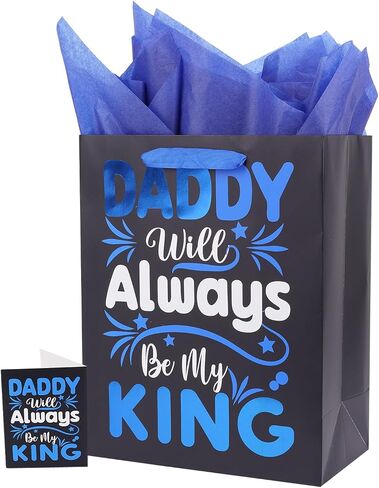 Linelglobal Father Day Gift Bag with Tissue Paper 12.6" Reusable Happy Dad Day Gift Bag for Daddy 2 Pack Black Blue in Saudi Arabia