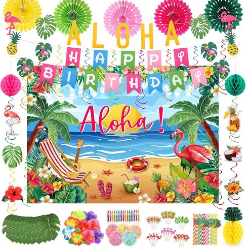165PCS Hawaiian Luau Party Decoration, Tropical Themed Supplies with Balloons, Aloha Birthday Party Decor, Summer Beach Pool Party Supplies in Kuwait