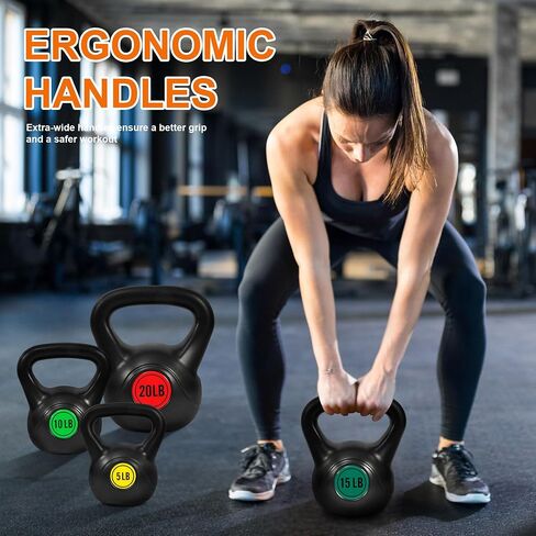 Wide Grip 3-Piece or 4-Piece Kettlebell Exercise Fitness Weight Set, Include 5 lbs, 10 lbs, 15 lbs and 20 lbs, Set of 3 or Set of 4 in Saudi Arabia