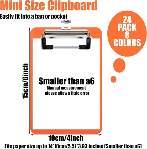 Cobee Small Clipboards 4 × 6 بوصة ، 24 حزمة بلاستيكية ملونة مصغرة الحافظة A6 حجم المذكرة مع مشبك مشبك جيب منخفضة للمكاتب قوائم التسوق التمريضية in Saudi Arabia