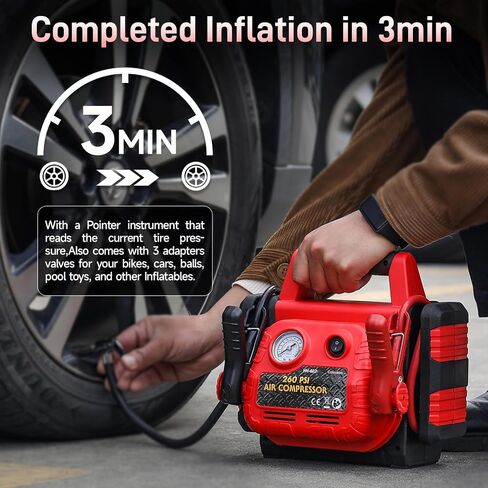 Jump Starter with Air Compressor, 260PSI 1000A Car Battery Jump Starter Battery Pack (6.0 Gas/6.0L Diesel),12V Car Jumper Starter Portable Jump Box with Tire Inflator in Saudi Arabia