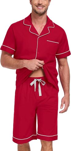 EA'S SECRET 100% Cotton Men's Button Down Pajamas Set Mens Notched Collar Lounge Pjs Set Short Sleeve Sleepwear With Pockets in Kuwait