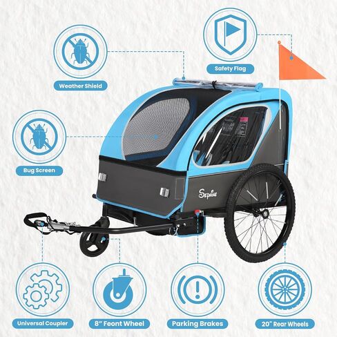 مقطورة دراجة Sepnine Kids ، 2 in1 Canopy Carrier تتحول إلى pushcart مناسبة من 1 إلى 2 أطفال صغار ، أطفال ، نعلق سريع بالدراجة ، قابلة للطي ، مع تسخير 5 نقاط وأكياس التخزين in Kuwait
