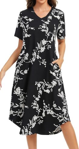 Nightgowns for Women Cotton Short Sleeve Long Night Gowns with Pockets in Kuwait