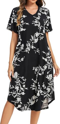 Nightgowns for Women Cotton Short Sleeve Long Night Gowns with Pockets in Kuwait