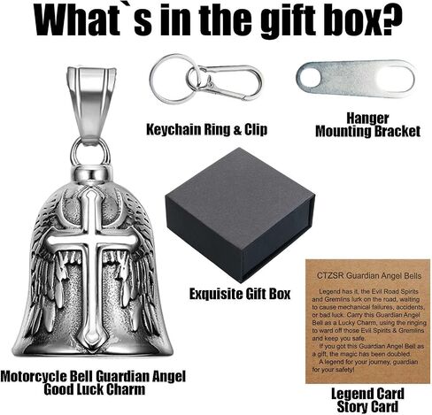 Motorcycle Bell Guardian Angel - Goy Luck Charm Gift مع صندوق هدايا وبطاقة أسطورة وسلسلة مفاتيح وشماعات in Saudi Arabia