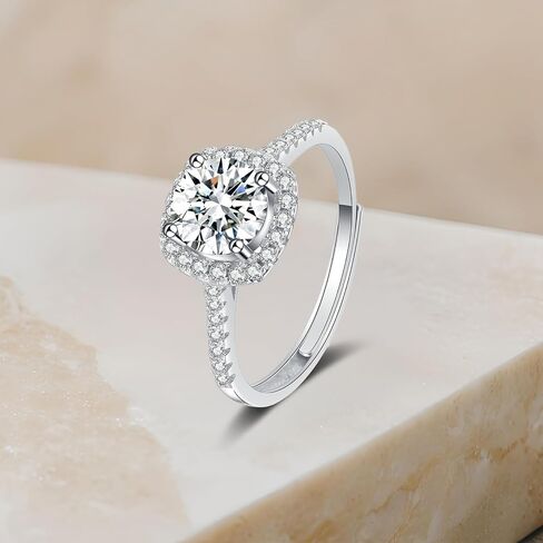 1 CT Moissanite Engagement Ring for Women – 925 Sterling Silver, White Gold Plated, Adjustable Round Promise & Wedding Band Ring in Saudi Arabia