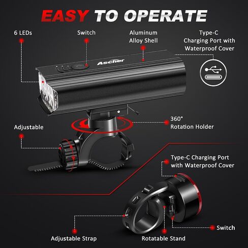 Ascher USB قابلة لإعادة الشحن في الأمام والخلف ، المصباح الأمامي للدراجات الساطع 1000 لومنز وضوء الذيل مضغوط ، 4 أوضاع ضوئية ، مصابيح دراجة بطارية كبيرة لركوب الليل جبل ركوب الليل in Kuwait