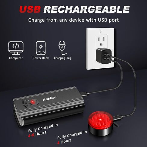 Ascher USB قابلة لإعادة الشحن في الأمام والخلف ، المصباح الأمامي للدراجات الساطع 1000 لومنز وضوء الذيل مضغوط ، 4 أوضاع ضوئية ، مصابيح دراجة بطارية كبيرة لركوب الليل جبل ركوب الليل in Kuwait
