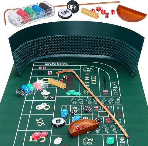 مجموعة من ألعاب Tabletop Craps مع 35*70 "Craps Rubber Tabletop Layout HAT ، 48*11" Craps Pyramid Pyramid Pumper ، 36 "عصا راتان ، زهر كازينو 19 مم ، زر ON/OFF و 100 PCS شرائح in Kuwait