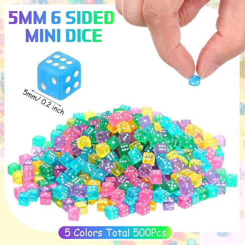 Poen 500 Pitch Mini Dice with Plantible Box Casino Game 6 Swide Small Dice ، 5mm Bulk Tiny Colored for Casino Night Posties Games Learning Elementary Math Learning (Multicolored) in Kuwait