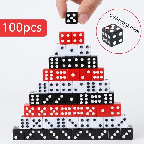 100Pcs Casino Dice Set 16mm Standard Game Dices Bulk Acrylic 6 Sided Dice Set with Red Black White for Board Activities Birthday Party Supply Vegas Theme Games (Square Corner) in Saudi Arabia