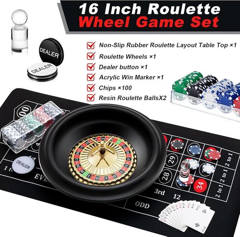 Roulette Wheel Game Set Include 16'' Black Roulette Wheel 35" x 16" Rubber Tabletop Layout Mat, 100 Chips Dealer Button Win Marker Casino Game Sets Gift Ideas(Green) in Kuwait