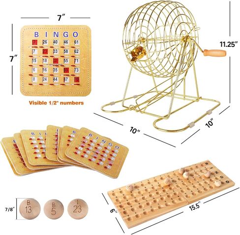GSE Games & Sports Expert Deluxe Bingo Game Set with Large Brass Cage, 10 Shutter Slide Bingo Cards, Wood Master Board & 7/8" Calling Balls for Large Groups, Parties, Game Night in Kuwait