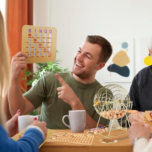 GSE Games & Sports Expert Deluxe Bingo Game Set with Large Brass Cage, 10 Shutter Slide Bingo Cards, Wood Master Board & 7/8" Calling Balls for Large Groups, Parties, Game Night in Kuwait