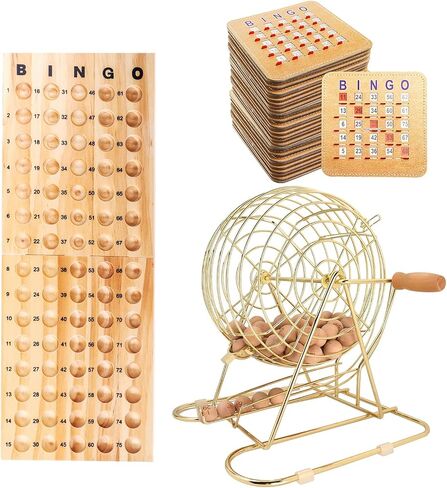 GSE Games & Sports Expert Deluxe Bingo Game Set with Large Brass Cage, 10 Shutter Slide Bingo Cards, Wood Master Board & 7/8" Calling Balls for Large Groups, Parties, Game Night in Kuwait