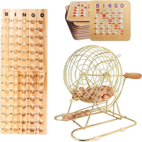 GSE Games & Sports Expert Deluxe Bingo Game Set with Large Brass Cage, 10 Shutter Slide Bingo Cards, Wood Master Board & 7/8" Calling Balls for Large Groups, Parties, Game Night in Kuwait