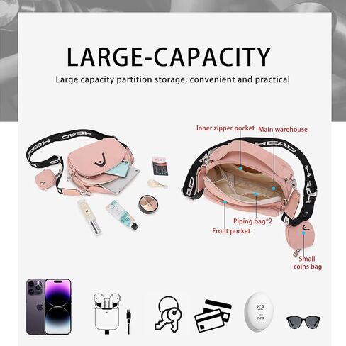HEAD Waterproof Small Crossbody Bag for Women, Removable Wide Strap Black Shoulder Handbags Purse with Mini Coins Bag in Saudi Arabia