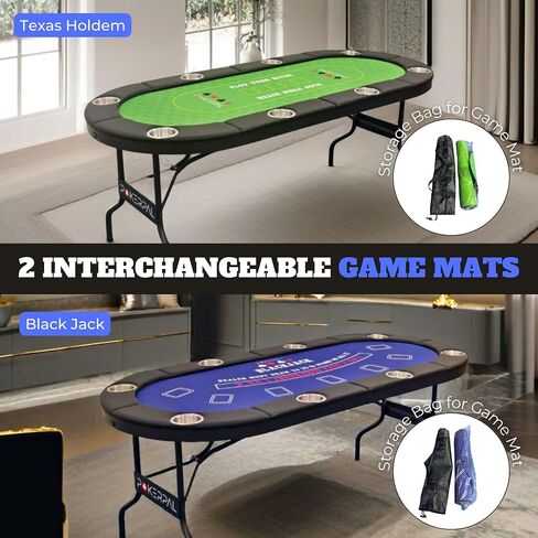 8 Player Poker Table with 2 Interchangeable Game mats, Texas Holdem Poker and Blackjack, Collapsible Casino Table with Padded Rails and XXL Cup Holders for Wine and Whiskey Glasses, (71 in) in Saudi Arabia