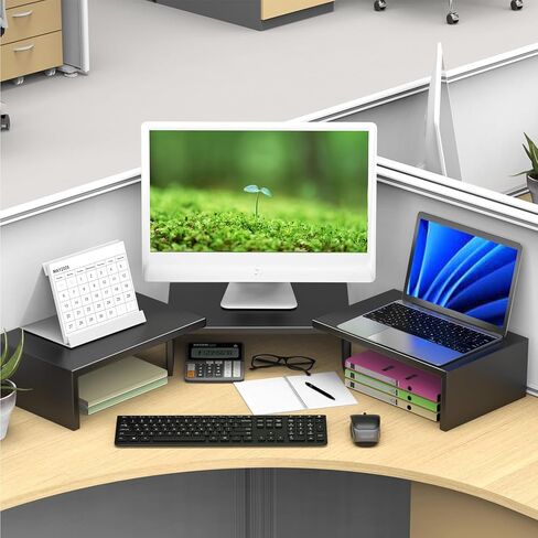 حامل مراقب مزدوج للمكتب ، ومساعد مراقب خشبي ، ورفع مكتب لأعلى مكتب ، وقف كمبيوتر للاستخدام المنزلي والمكتب (الخشب) in Kuwait