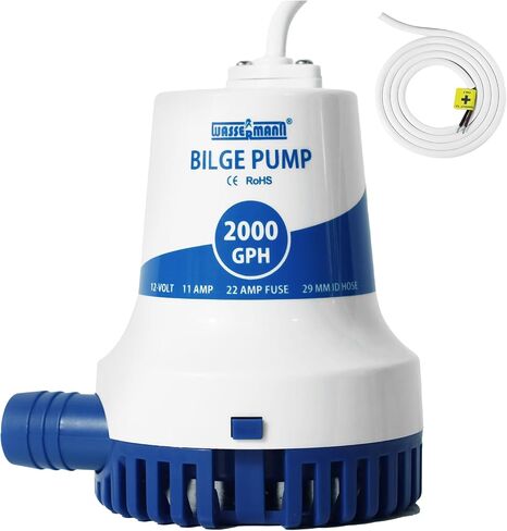 Wassermann 2000GPH Prime Bilge Pump 12V ، تم ترقيته مضخات مياه بيلج البحرية الشاقة للخدمة الشاقة للقوارب ذات الحبل الطويل والحماية المضادة للالتواء للتشغيل المستمر الموثوق بها in Kuwait