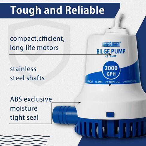 Wassermann 2000GPH Prime Bilge Pump 12V ، تم ترقيته مضخات مياه بيلج البحرية الشاقة للخدمة الشاقة للقوارب ذات الحبل الطويل والحماية المضادة للالتواء للتشغيل المستمر الموثوق بها in Kuwait