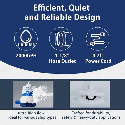 Wassermann 2000GPH Prime Bilge Pump 12V ، تم ترقيته مضخات مياه بيلج البحرية الشاقة للخدمة الشاقة للقوارب ذات الحبل الطويل والحماية المضادة للالتواء للتشغيل المستمر الموثوق بها in Kuwait