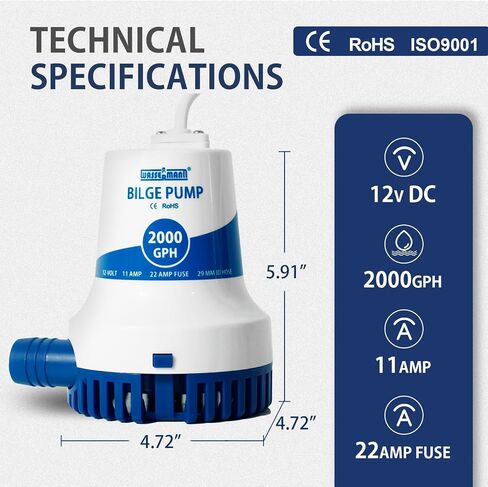 Wassermann 2000GPH Prime Bilge Pump 12V ، تم ترقيته مضخات مياه بيلج البحرية الشاقة للخدمة الشاقة للقوارب ذات الحبل الطويل والحماية المضادة للالتواء للتشغيل المستمر الموثوق بها in Kuwait