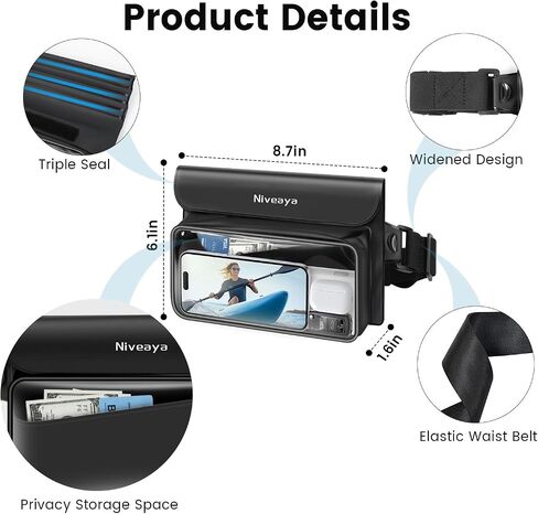 Niveaya IP68 Fanny Pack -Pack - 2 حزمة ، حقيبة حقيبة جافة عائمة ، حقيبة جافة للماء ، شاطئ ، شاطئ ، تجارب ، سباحة ، أساسية في القوارب ، لأجهزة iPhone 16/15/14/13/12 Pro Max حتى 9.5 " in Kuwait