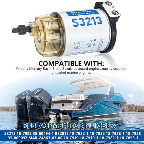 S3213 فاصل مياه الوقود البحرية ، فاصل مياه مرشح الوقود مع تجهيزات 3/8 "Barb و 1/4" NPT ، متوافق مع ياماها ميركوري راكور سييرا سوزوكي الخارجية-18-7922 35-60494-1 B32013 18-7932-1 in Kuwait
