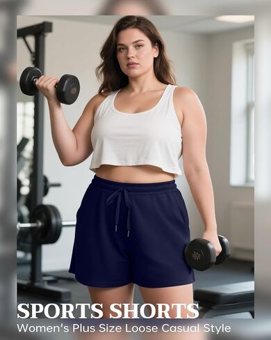3 Pack Women's Plus Size Sweat Shorts Drawstring Elastic Waist Athletic Lounge Shorts with Pocket in Saudi Arabia