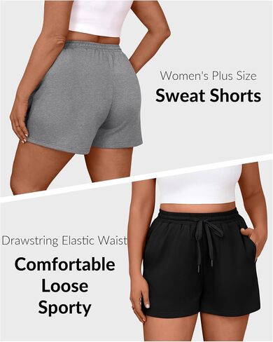 3 Pack Women's Plus Size Sweat Shorts Drawstring Elastic Waist Athletic Lounge Shorts with Pocket in Saudi Arabia