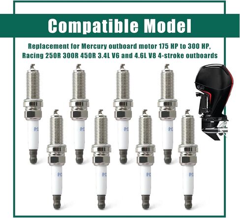 YUXIVCNE 8 Set LKAR7C-9 93961 Spark Plugs Replacement for Mercury Outboard Motor 175 HP to 300 HP Racing 250R 300R 450R V6 V8 3.4L 4.6L 4-Stroke Replace 33-8M0135348 8M0135348 in Kuwait